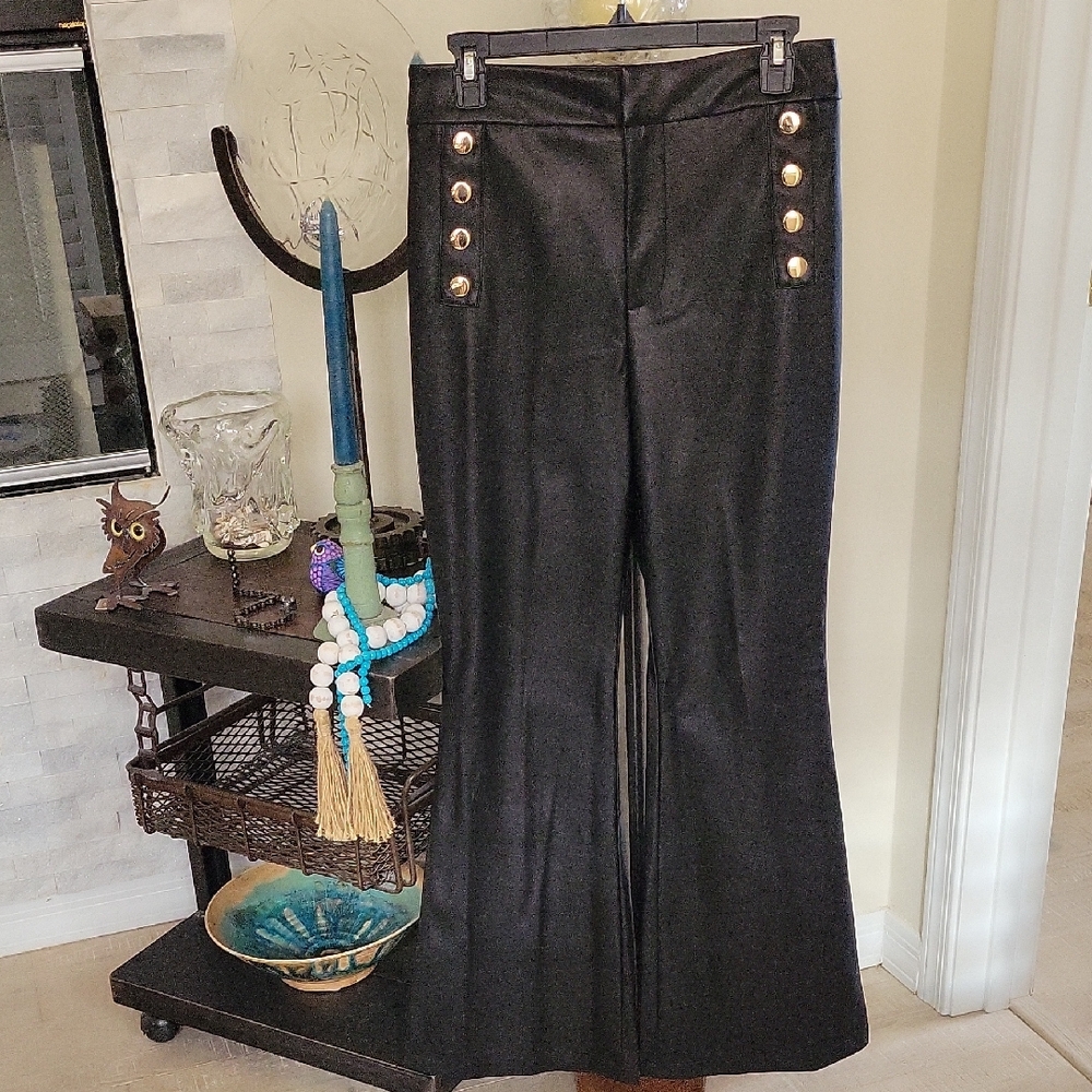 INC International Concepts Black Wide Leg Trousers with Gold Buttons